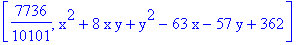 [7736/10101, x^2+8*x*y+y^2-63*x-57*y+362]